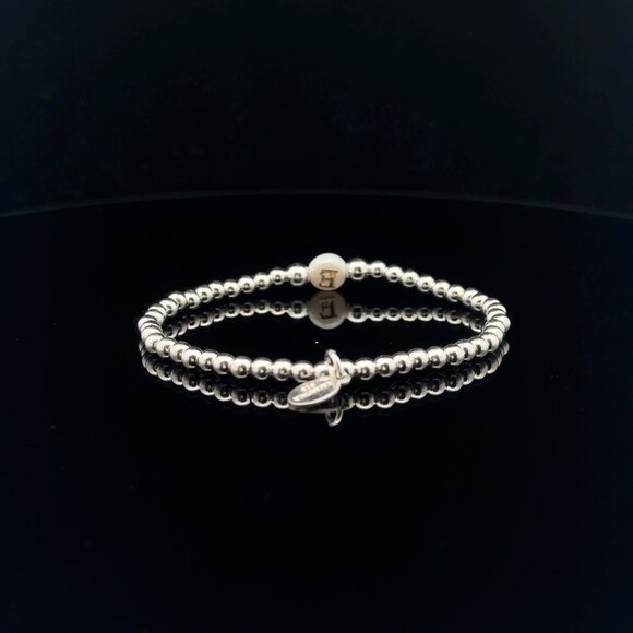 925 Sterling Silver Beaded Stretch Stacking Bracelet MOP Letter Initial E - Picture 6 of 6